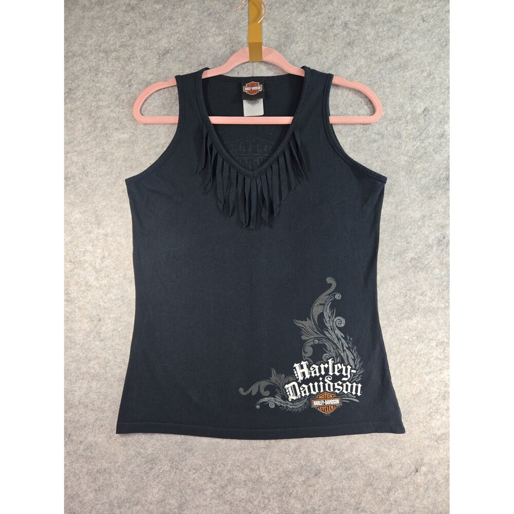 Harley Davidson Lima Ohio Fringed Black V Neck Tank Top Women's Medium USA Made
